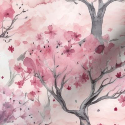 Watercolor Sakura Cherry Blossom Trees