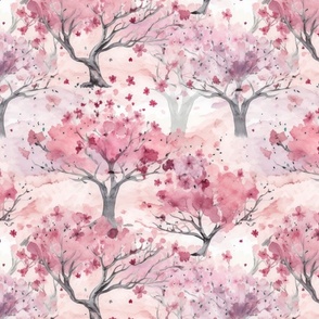 Watercolor Sakura Cherry Blossom Trees