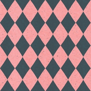 Classic diamond harlequin pattern in dark green on a pink background with vintage linen texture