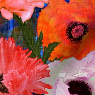 Large scale red, white and yellow oriental poppies on a dark blue vintage linen textured background