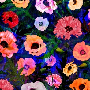 Medium scale red, white and yellow oriental poppies on a dark blue vintage linen textured background