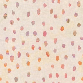 Large scale pink and peach drops with a marbled texture on a cream vintage linen style background