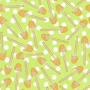 Honey Wands on Lime Green with White Polka Dots 