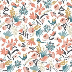 Gracie's Garden - Whimsical Bird Floral Blush Pink White Small