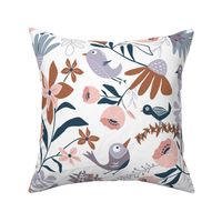 Gracie's Garden - Whimsical Bird Floral Dusty Purple Almond White Large