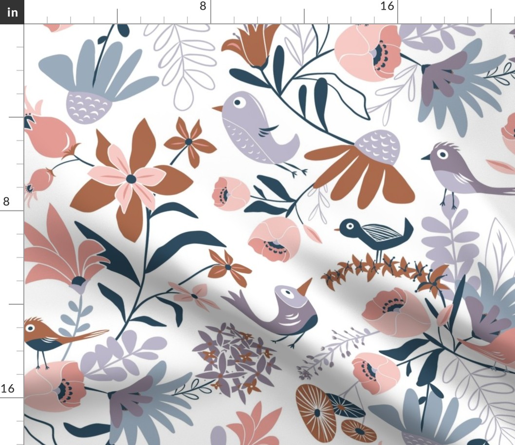 Gracie's Garden - Whimsical Bird Floral Dusty Purple Almond White Large