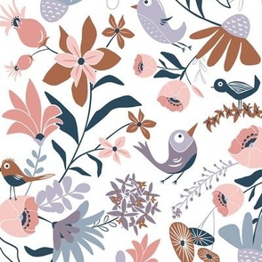 Gracie's Garden - Whimsical Bird Floral Dusty Purple Almond White Regular