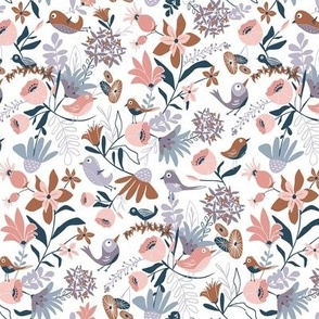 Gracie's Garden - Whimsical Bird Floral Dusty Purple Almond White Small