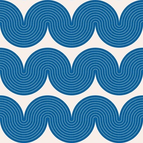 Mid Century Modern Geometric Waves - Blue and Ivory Shades / Large
