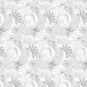 Maximalist black and white line art of retro florals and butterflies for wall paper  - small print.