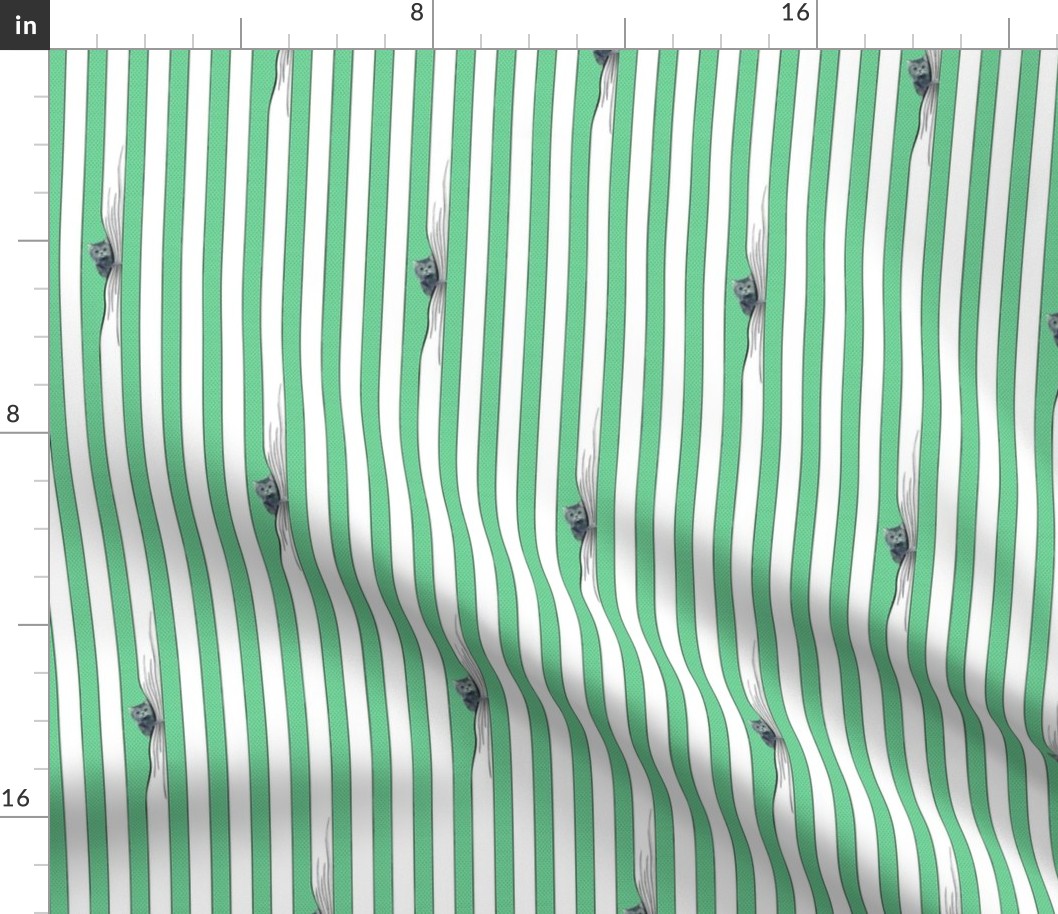 Trendy green and white stripes with hand drawn cartoon cats - kids room decor , wallpaper - small size.