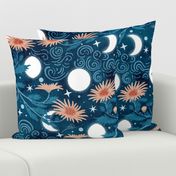 Dreamy Night Sky- Moon Phases peeping through Chrysanthemums- Indigo Peach- Large Scale