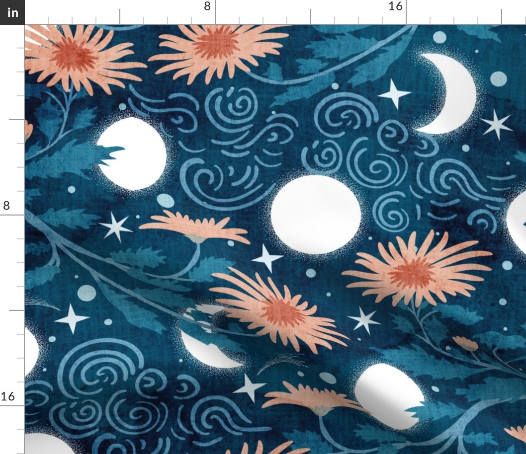 Dreamy Night Sky- Moon Phases peeping through Chrysanthemums- Indigo Peach- Large Scale