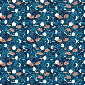 Dreamy Night Sky- Moon Phases peeping through Chrysanthemums- Indigo Peach- Small Scale