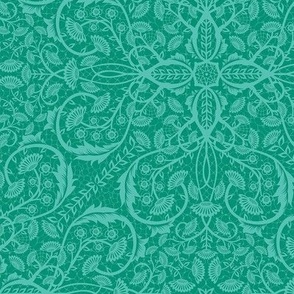 Dark turquoise tonal classical floral vines in maximalist layout .