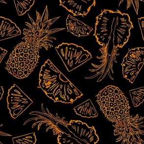 Golden tossed scattered pineapples line drawings on black 12” repeat on black 