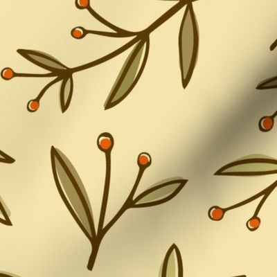 Leafy olive green twig with tiny orange berries on pale cream orange