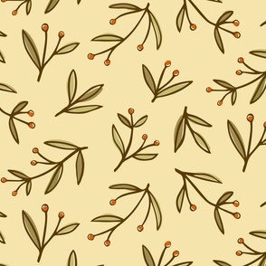 Leafy olive green twig with tiny orange berries on pale cream orange