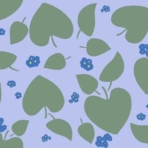 Brunnera Leaves and Tiny Blue Flowers on Periwinkle