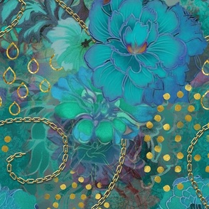 Decorative Floral Vintage Tapestry Design Turquoise Gold