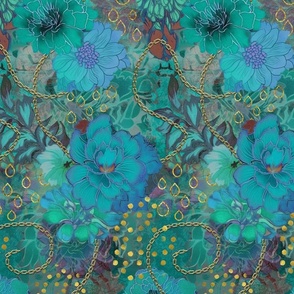 Decorative Floral Vintage Tapestry Design Turquoise Gold Smaller Scale