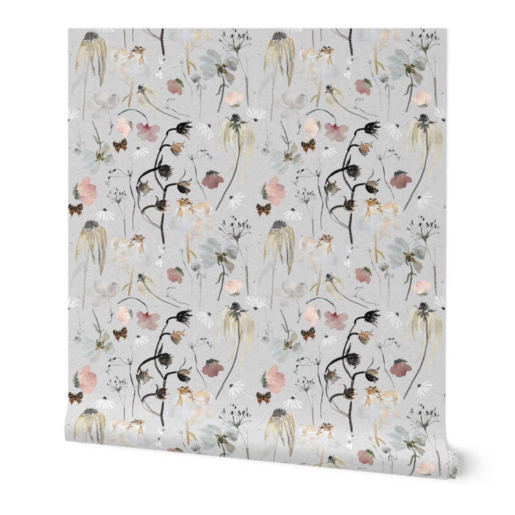 Large Wildflowers on Grey / Whimsical / Watercolor / floral / flower