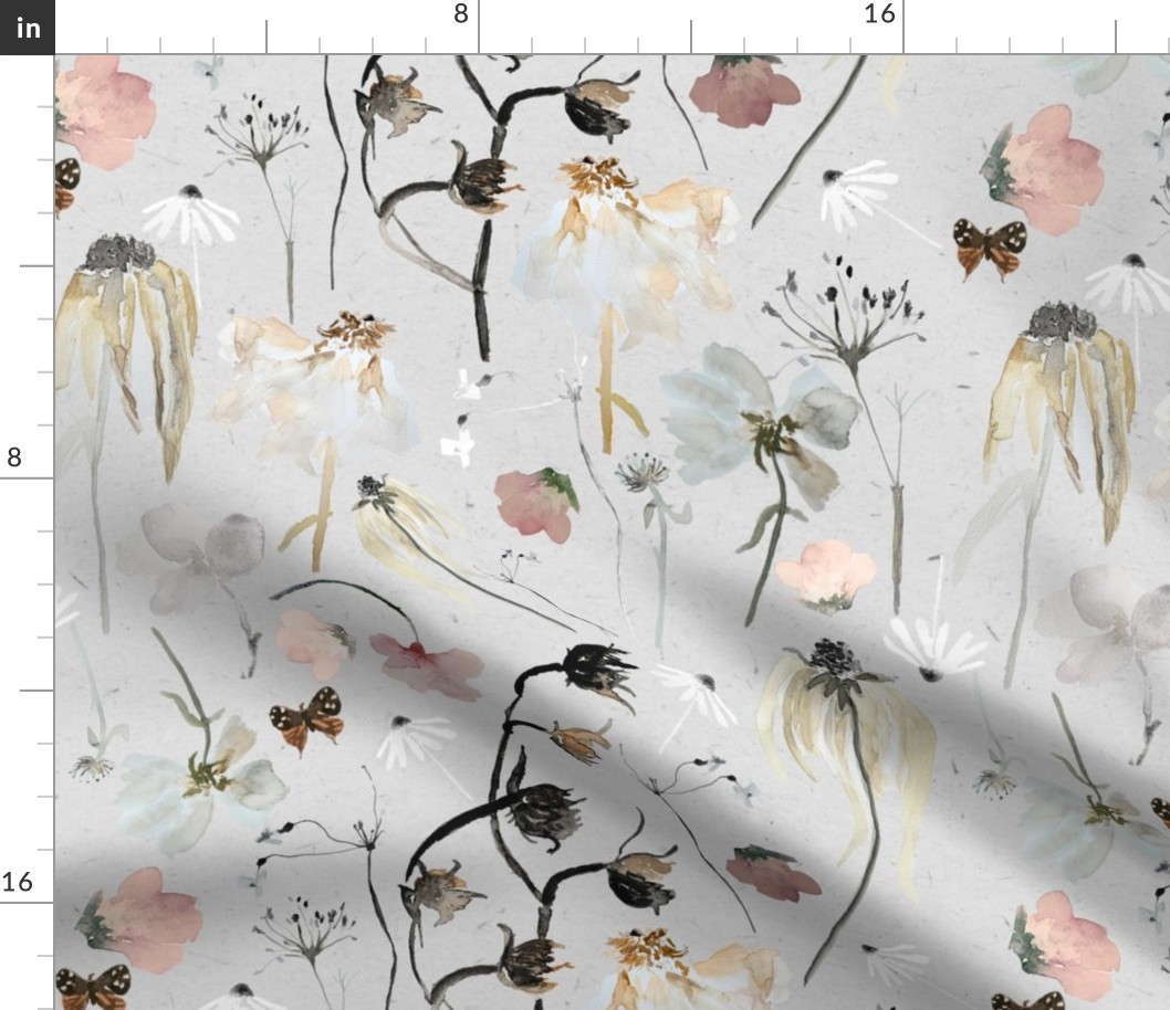 Large Wildflowers on Grey / Whimsical / Watercolor / floral / flower