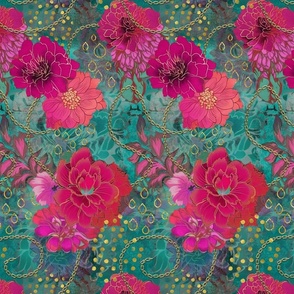 Decorative Floral Vintage Tapestry Design Pink Turquoise Gold Smaller Scale