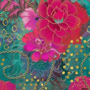 Decorative Floral Vintage Tapestry Design Pink Turquoise Gold