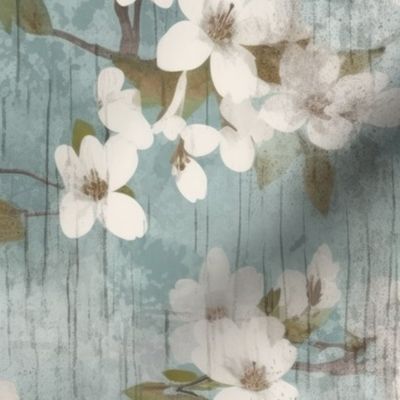 Cotton Blossom on Distressed Background  | Soft Aqua Blue