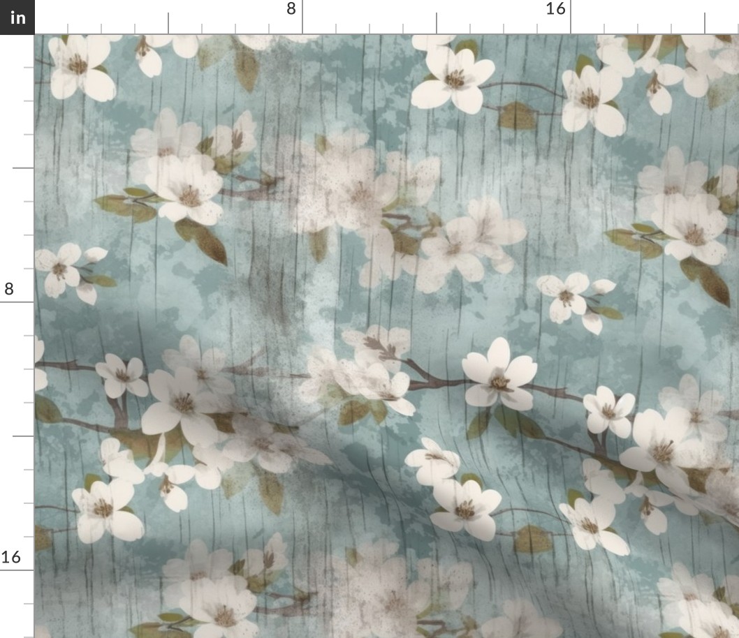 Cotton Blossom on Distressed Background  | Soft Aqua Blue