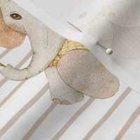 Little Elephants – Gender Neutral Nursery Fabric, Beige Stripe Baby Elephants + Balloons