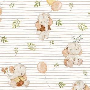 Little Elephants – Gender Neutral Nursery Fabric, Beige Stripe Baby Elephants + Balloons