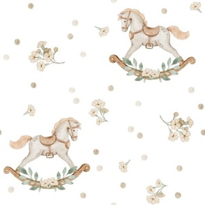 Baby Rocking Horse (white) Neutral Baby Nursery Fabric, Gender Neutral, Beige Green, large scale