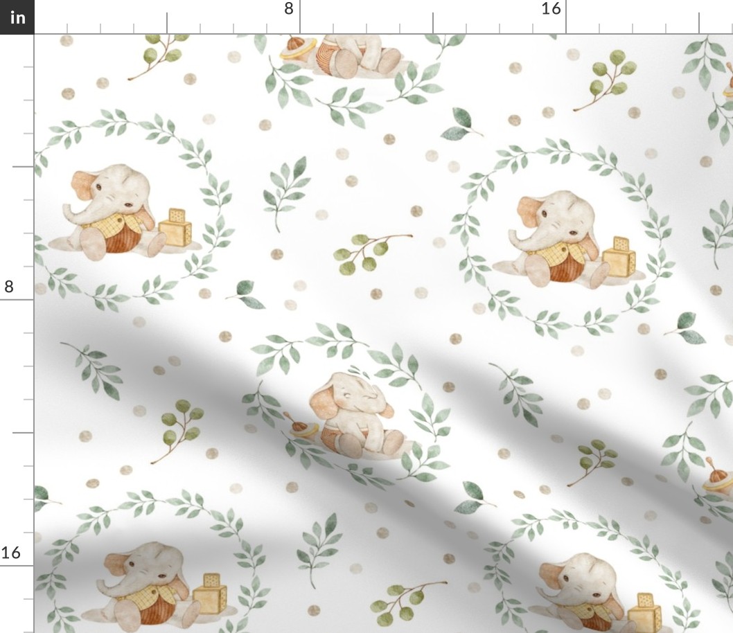 Sweet Elephant Nursery (white) Neutral Baby Elephant Fabric, New Baby Gender Neutral, Beige Green, large scale