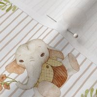 Little Elephants – Gender Neutral Nursery Fabric, Beige Stripe Baby Elephants + Balloons, half-scale