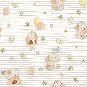 Little Elephants – Gender Neutral Nursery Fabric, Beige Stripe Baby Elephants + Balloons, half-scale