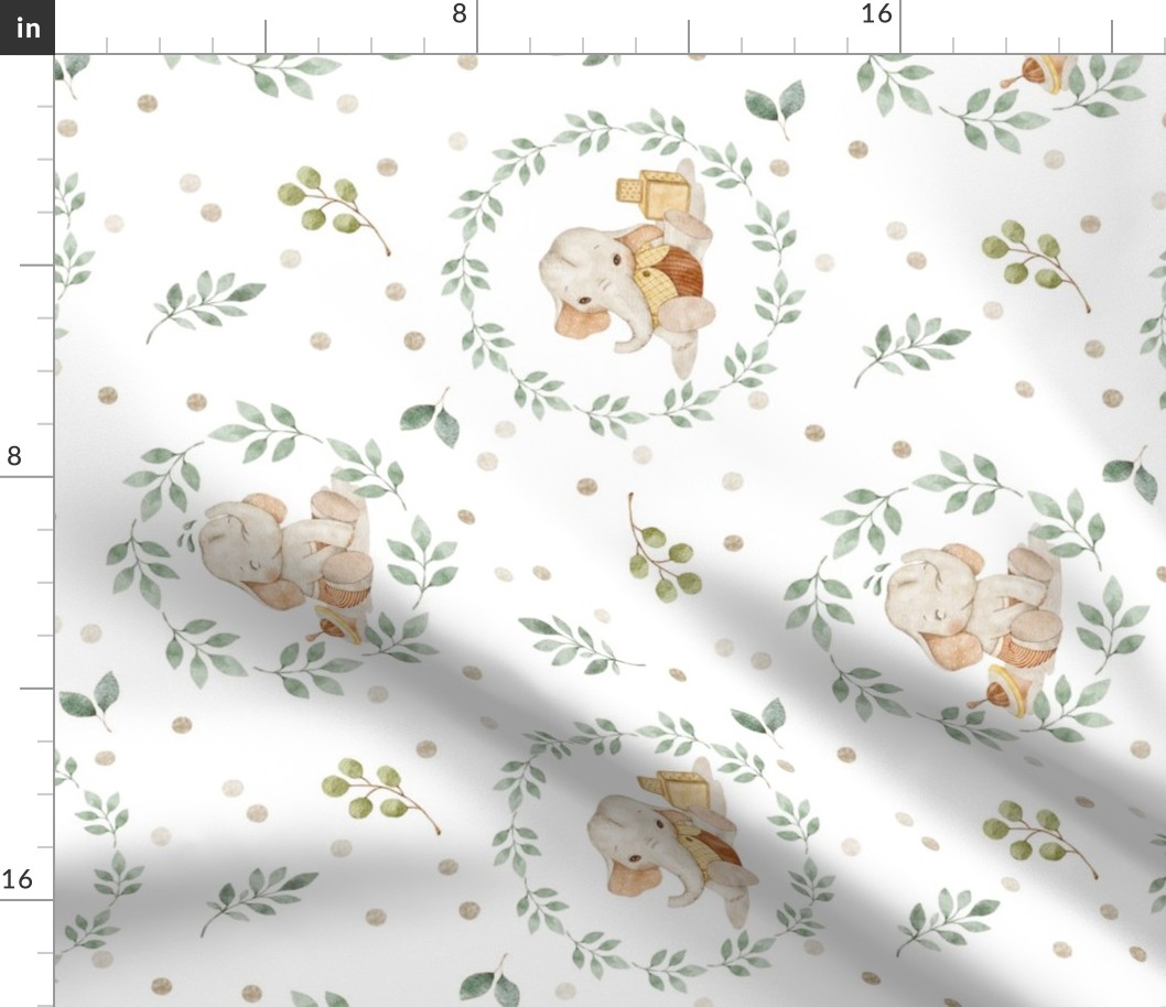 Sweet Elephant Nursery (white) Neutral Baby Elephant Fabric, New Baby Gender Neutral, Beige Green, large scale ROTATED