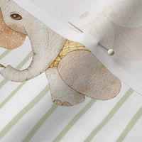 Little Elephants – Gender Neutral Nursery Fabric, Green Stripe Baby Elephants + Balloons