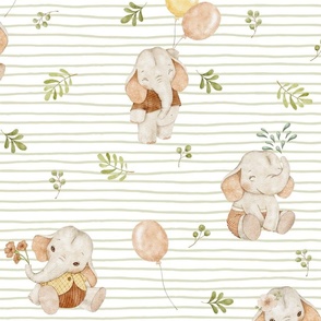 Little Elephants – Gender Neutral Nursery Fabric, Green Stripe Baby Elephants + Balloons
