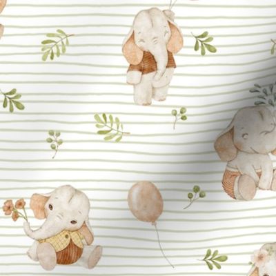 Little Elephants – Gender Neutral Nursery Fabric, Green Stripe Baby Elephants + Balloons, half-scale