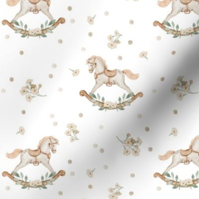 Baby Rocking Horse (white) Neutral Baby Nursery Fabric, Gender Neutral, Beige Green, small scale