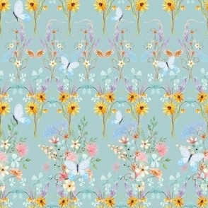 Spring Summer Floral Wildflowers Blue with Butterflies Horizontal Striped Pattern 8" MED