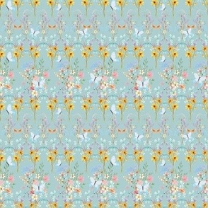 Spring Summer Floral Wildflowers Blue with Butterflies Horizontal Striped Pattern 4" SM