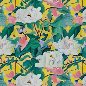 Chinoiserie magnolia flowers on yellow background