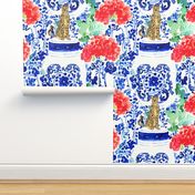 Preppy cheetah and blue and white chinoiserie jars