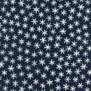 Reach for the Stars- Ditsy Boho Star- Bohemian Stars- Petal Solid Coordinate Navy Blue- White Stars in Indigo Blue Background- Dark Blue- Linen Texture- Starry Night- Snowflakes-  Large