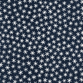 Reach for the Stars- Ditsy Boho Star- Bohemian Stars- Petal Solid Coordinate Navy Blue- White Stars in Indigo Blue Background- Dark Blue- Linen Texture- Starry Night- Snowflakes-  Medium