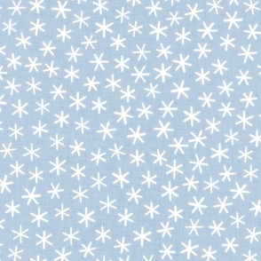 Reach for the Stars- Ditsy Boho Star- Bohemian Stars- Petal Solid Coordinate Sky Blue- White Stars in Pastel Blue Background- Light Baby Blue- Linen Texture- Snowflakes- Large