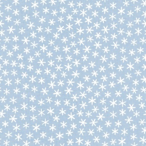 Reach for the Stars- Ditsy Boho Star- Bohemian Stars- Petal Solid Coordinate Sky Blue- White Stars in Pastel Blue Background- Light Baby Blue- Linen Texture- Snowflakes- Medium